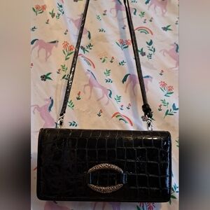 NWOT Brighton Cher Black Croc Patent Leather Double Flap Crossbody Purse Bag